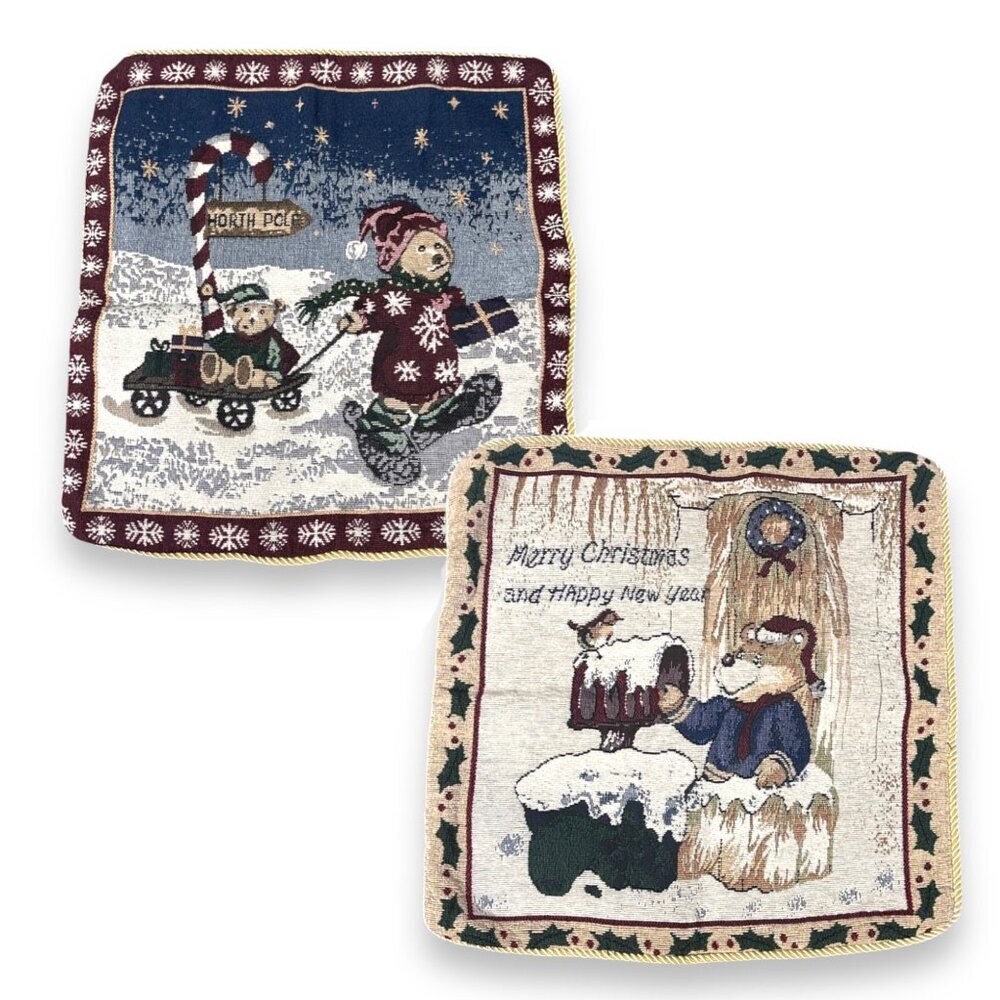 Set of 2 Vintage Christmas Teddy Bear Tapestry Square Pillow Covers Holidays